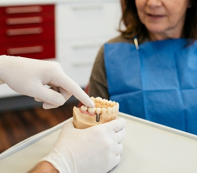 Zahnärztin erklärt Patientin ein Zahnmodell mit Implantatversorgung