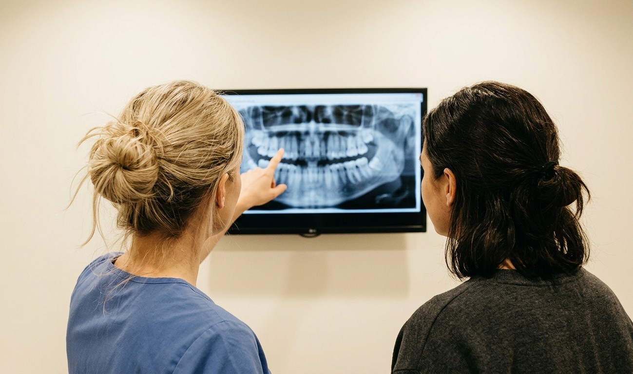 Zahnärztin und Patientin besprechen ein Röntgenbild in der Zahnarztpraxis Dr. Strobel & Strobel
